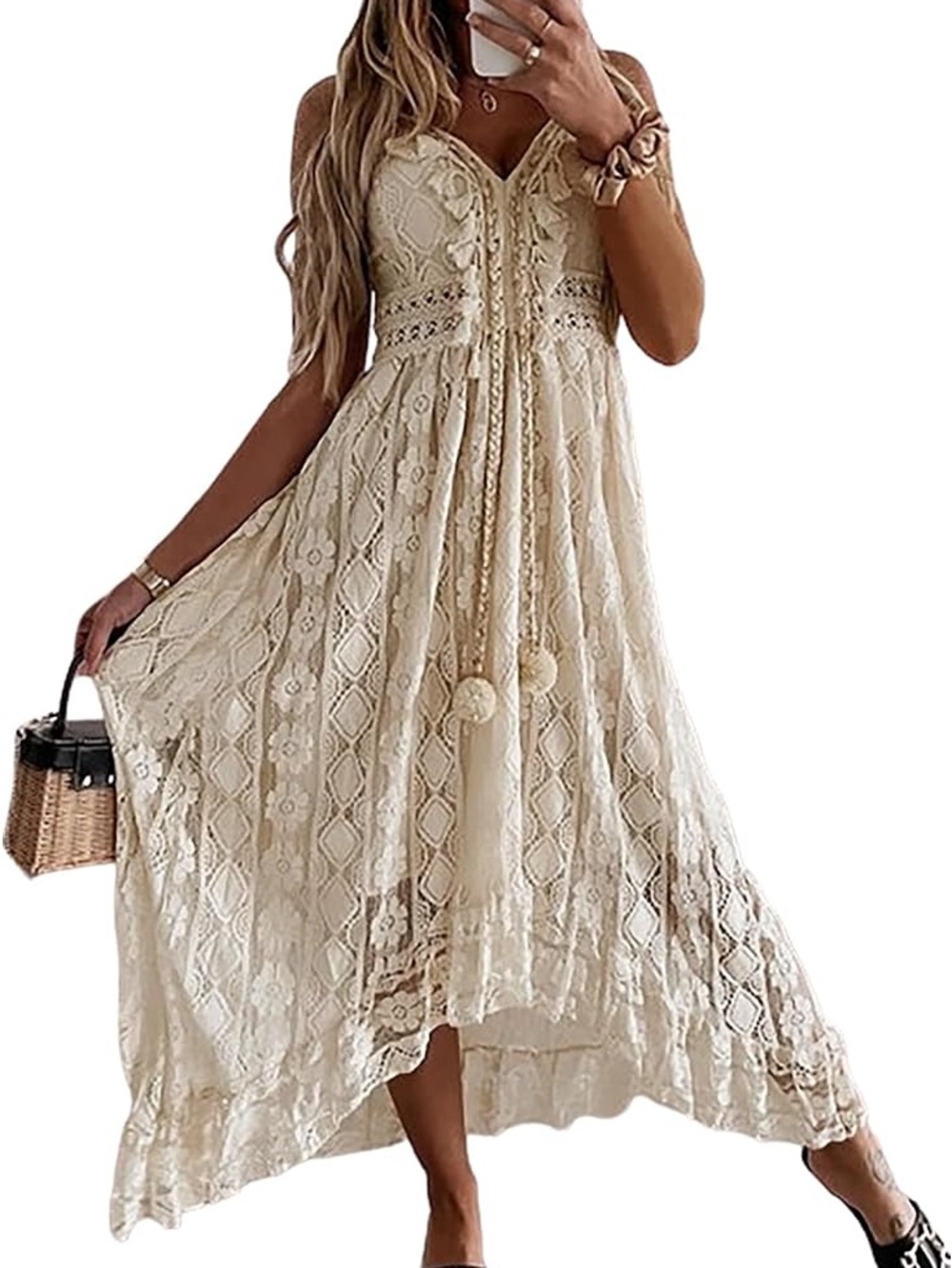 Cupshe Cream Lace Boho Cover Up Dress Pom Pom Tassels High Low Midi